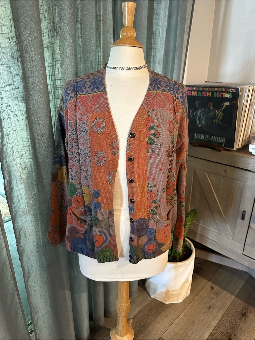 Patchwork Floral Button-Front Cardigan Sweater in Rust & Blue